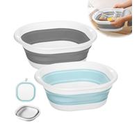 YSHODGU 2 Pcs Thickened Collapsible Washing Up Bowl, Space-Saving Collapsible Sink Camping, Multipurpose Folding Hand Basket Basin, for Camping, Travel, Kitchen,Outdoor Use, Blue and Grey