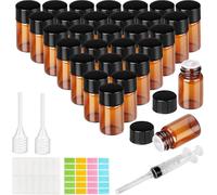 Ysimple 30 Pcs Amber Glass Bottles, 1ml Small Glass Bottles, Empty Refillable Dropper Bottle Essential Oil Bottle, Sample Container Supplied with Pipette Syringe Sticker, for Essential Oil, Massage