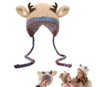 YSINOBEAR Festive Christmas Antler Hat & Bag 2-in-1,Christmas Transformable Bag,Creative Antler Hat, Cute Knitted Deer Storage, Windproof Xmas Warm Knitted Cap for Women Girls (Khaki)