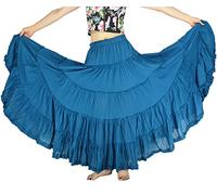 YSJERA Women's Cotton 5 Tiered A Line Pleated Maxi Skirt Long Boho Gypsy Dance Skirts - blue - Large