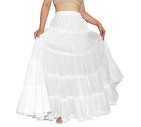 YSJERA Women's Cotton 5 Tiered A Line Pleated Maxi Skirt Long Boho Gypsy Dance Skirts, White, Large