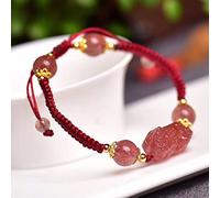 YSJNGF Charm Bracelet Feng Shui Wealth Bracelet Natural Strawberry Quartz Crystal Adjustable Hand-Woven Flat Knot Jewelry Stretch Bracelet Amulet for Good Fortune Courageous Love Lucky Wealth (Color