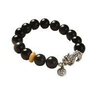 YSJNHX CCXXYGWJ Schwarzes Obsidian-Armband, Bernstein-Sterlingsilber, Glücks-Pi-Xiu-Charm, antiker Münzanhänger, handgeschnitztes elastisches Armband, spiritueller Talisman für Reichtum, Geld,