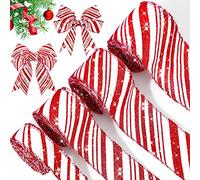 Ysleen 4 Rolls 24 Yards Christmas Candy Cane Wired Ribbons 1.0 Inch 1.5 Inch 2.0 Inch 2.5 Inch Glitter Red and White Striped Ribbon for Christmas Tree Home Decorations Gift Wrapping Ribbons