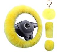YSLSLOO 4PCS Set Fluffy Steering Wheel Covers with Handbrake Cover & Gear Shift Cover & Plush Keychain Steering Wheel Cover for Women Furry Car Accessories Universal Fit 14.96Inch (Yellow)