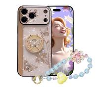 Ysnzaq Bling Glitter Butterfly Flower Case for Apple iPhone 17 Pro Max with Diamond Ring Kickstand, Cute Sparkle Pearl Wrist Strap Women Girls Stylish Luxury Cover for iPhone 17 Pro Max DLH-Pink