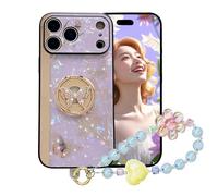 Ysnzaq Bling Glitter Butterfly Flower Case for Apple iPhone 17 Pro Max with Diamond Ring Kickstand, Cute Sparkle Pearl Wrist Strap Women Girls Stylish Luxury Cover for iPhone 17 Pro Max DLH-Purple