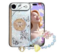 Ysnzaq Bling Glitter Butterfly Flower Case for Apple iPhone Air with Diamond Ring Kickstand, Cute Sparkle Pearl Wrist Strap Women Girls Stylish Luxury Cover for iPhone Air DLH-White