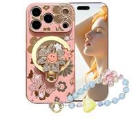 Ysnzaq Bling Sparkle Case for Apple iPhone 17 Pro Max, Cute Diamond Butterfly Flower Design with Ring Kickstand Pearl Bracelet Women Girls Phone Case Cover for iPhone 17 Pro Max. RH Pink