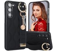 Ysnzaq Case for Samsung Galaxy S23 6.1" with Wrist Strap, Premium PU Leather with Stand Handle Finger Holder Stylish Shockproof Phone Case for Samsung Galaxy S23.WD Black