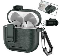 Ysnzaq Compatible with Airpods 4 2024 Case with Locking Clip and Stand Function, Leather Texture Shockproof Protective Cover with Carabiner Keychain for Airpods 4th Generation PWZ-Army-Green