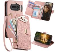 Ysnzaq for Nothing Phone 4a Wallet Case with Card Holder, Flip Folio Zipper Pocket Full Body Shockproof Protection Cover with Wrist Strap for Nothing Phone 4a Flowers and Leaves-Pink