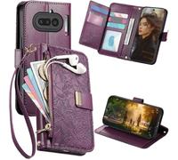 Ysnzaq for Nothing Phone 4a Wallet Case with Card Holder HY-Purple | Flowers and Leaves Flip Folio Zipper Pocket Full Body Shockproof Cover with Kickstand Wrist Strap for Nothing Phone 4a