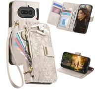 Ysnzaq for Nothing Phone 4a Wallet Case with Card Holder HY-White | Flowers and Leaves Flip Folio Zipper Pocket Full Body Shockproof Cover with Kickstand Wrist Strap for Nothing Phone 4a