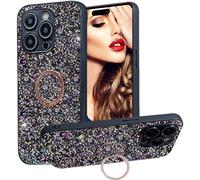 Ysnzaq Glitter Case for Apple iPhone 15 Pro Max 6.7", Bling Sparkle Luxury Case for Women Girls with Ring Holder Kickstand Shockproof Bumper Cover for Apple iPhone 15 Pro Max. CZ Black