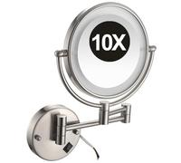 YSOLDA 8 Inch Wall Mounted Lighted Makeup Mirror, Dual Sided LED Vanity Mirror with Switch, Brass Adjustable 10X Magnifying Beauty Cosmetic Mirror, Shaving Mirror for Bathroom Hotel,Nickel,Hard Wired