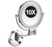 YSOLDA 8 Inch Wall Mounted Lighted Makeup Mirror, Dual Sided LED Vanity Mirror with Switch, Brass Adjustable 10X Magnifying Beauty Cosmetic Mirror, Shaving Mirror for Bathroom Hotel,Silver,Plug In