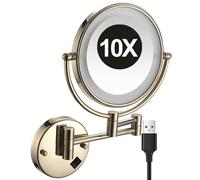 YSOLDA 8 Inch Wall Mounted Lighted Makeup Mirror, Dual Sided LED Vanity Mirror with Switch, Brass Adjustable 10X Magnifying Beauty Cosmetic Mirror, Shaving Mirror for Bathroom Hotel,Gold,USB