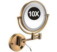 YSOLDA 8 Inch Wall Mounted Lighted Makeup Mirror, Dual Sided LED Vanity Mirror with Switch, Brass Adjustable 10X Magnifying Beauty Cosmetic Mirror, Shaving Mirror for Bathroom Hotel,Brass,Hard Wired