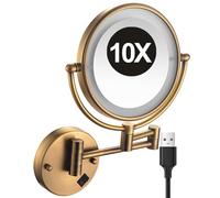 YSOLDA 8 Inch Wall Mounted Lighted Makeup Mirror, Dual Sided LED Vanity Mirror with Switch, Brass Adjustable 10X Magnifying Beauty Cosmetic Mirror, Shaving Mirror for Bathroom Hotel,Brass,USB