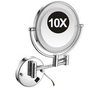 YSOLDA 8 Inch Wall Mounted Lighted Makeup Mirror, Dual Sided LED Vanity Mirror with Switch, Brass Adjustable 10X Magnifying Beauty Cosmetic Mirror, Shaving Mirror for Bathroom Hotel,Silver,Hard Wired