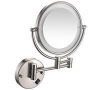 YSOLDA 8 Inch Wall Mounted Lighted Makeup Mirror, Hardwired Dual Sided LED Vanity Mirror with Switch, Brass Adjustable Swivel Magnifying Cosmetic Mirror, Shaving Mirror for Bathroom,Nickel,5X