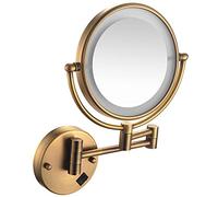 YSOLDA 8 Inch Wall Mounted Lighted Makeup Mirror, Hardwired Dual Sided LED Vanity Mirror with Switch, Brass Adjustable Swivel Magnifying Cosmetic Mirror, Shaving Mirror for Bathroom,Brass,5X