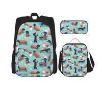 YsoLda Backpack Set,School Bag Bookbag Rucksack 3 Piece Set with Lunch Bag Pencil Case,Hot Dogs and Lemonade Aqua Background Cute Dachshund Sausage Dogs