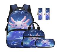 Yspwyqan 5 Piece Axolotl Backpack With Lunch Bag Set For 6th Grade Boys Lightweight Backpack Lunch Box Pencil Case PU Leather Bookmark Kids School Supplies
