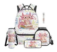 Yspwyqan 5 Piece Kids Backpack And Lunch Box Set Math Axolotl Water-Resistant Polyester Backpack with Pencil Case, Water Bottle Holder & Keychain, for Elementary Boys and Girls