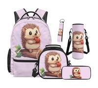 Yspwyqan Apple Hedgehog Print 5-Piece Backpack And Lunch Box Set for Kids, Includes Backpack, Lunch Bag, Pencil Case, Water Bottle Bag, Keychain, Large Capacity School Backpack