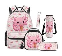 Yspwyqan Axolotl Backpack Set For 3rd Grade Girls Lightweight School Backpack With Washable Lunch Bag Pencil Case Water Bottle Holder Keychain 5 Piece For School Travel