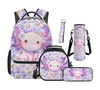 Yspwyqan Axolotl Daisy 5 PCS School Backpack With Lunch Box For Girls 10-12 Large Capacity Schoolbag With Kids Lunch Box Pencil Case Water Bottle Holder Keychain Kids Rucksack Daypack