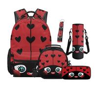 Yspwyqan Cute Ladybug Backpack Lunch Bag Combo For Girls 8-10 Zippered Schoolbag With Insulated Lunch Bag Small Pencil Pouch Water Bottle Holder Keychain 5 PCS For Travel School