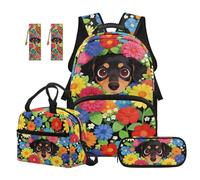 Yspwyqan Dachshund Dog Backpack Set For 4th Grade Girls Lightweight School Backpack Lunch Box Pencil Case PU Leather Bookmarks Kids School Supplies