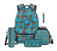 Yspwyqan Dachshund Dog Print 5 Piece Backpack With Lunch Box And Pencil Case For Boys 8-10 Book Bag With Thermal Lunch Bag Pencil Case Water Bottle Holder Keychain Back to School Gifts for Kids