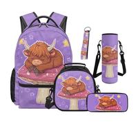 Yspwyqan Highland Cow Mushroom Backpack Set For 3rd Grade Girls Lightweight School Backpack With Reusable Lunch Bag Pencil Case Water Bottle Holder Keychain 5 Piece For School Travel