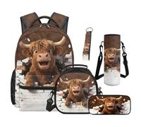 Yspwyqan Highland Cow Print 5-In-1 Boys Backpack Set For Primary School Boys Lightweight Backpack With Washable Lunch Box Pencil Bag Water Bottle Sleeve Keychain Back to School Gifts for Children