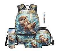 Yspwyqan Kids Backpack and Lunch Box Set for Elementary Boys Girls Cute Otter Print 5 Piece 16 Inch School Backpack, Lunch Bag, Pencil Case, Water Bottle Pouch, Keychain