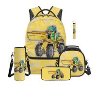 Yspwyqan Kids Backpack Set With Lunch Box 5-Piece Backpack, Lunch Bag, Pencil Case, Water Bottle Holder, Keychain, Cute Dinosaur Bulldozer Casual Daypack