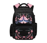 Yspwyqan Kids School Backpack, 17-Inch Large Capacity Water-Resistant Polyester Bookbag, Pink Floral Moth for Boys Girls Ages 6-14, Ideal for Back to School and Casual Daytrips