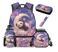 Yspwyqan Panda 5 PCS Girls Backpack Set For Girls 8-10 Large Capacity Schoolbag With Insulated Lunch Bag Pencil Case Water Bottle Holder Keychain Kids Rucksack Daypack