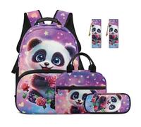 Yspwyqan Panda 5 Piece Backpack Lunch Box Set For 1st Grade Girls Breathable School Backpack Lunch Box Pencil Case PU Leather Bookmark Students School Supplies