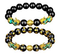 Ysqool Feng Shui Black Obsidian Wealth Bracelet with Pixiu & Dragon Mantra Beads, 2Pcs Set Attracts Wealth, Prosperity, Good Luck & Protection, Unisex Bracelet for Men and Women Jewelry