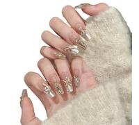 YsRoad Press On Nails - Short,Almond Fake,Long Stiletto False Nails 3D, Square, Coffin, and French Tip Designs with Gold Flower Rhinestones, Removable Glue-On,Size XS