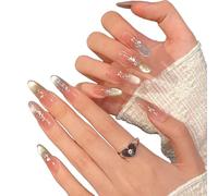 YsRoad Press On Nails - Short,Almond Fake,Long Stiletto False Nails 3D, Square, Coffin, and French Tip Designs with Gold Flower Rhinestones, Removable Glue-On,Size S