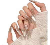 YsRoad Press On Nails - Short,Almond Fake,Long Stiletto False Nails 3D, Square, Coffin, and French Tip Designs with Gold Flower Rhinestones, Removable Glue-On,Size XS