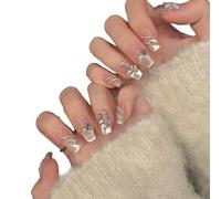 YsRoad Press On Nails - Short,Almond Fake,Long Stiletto False Nails 3D, Square, Coffin, and French Tip Designs with Gold Flower Rhinestones, Removable Glue-On,Size M