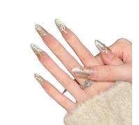 YsRoad Press On Nails - Short,Almond Fake,Long Stiletto False Nails 3D, Square, Coffin, and French Tip Designs with Gold Flower Rhinestones, Removable Glue-On,Size XS