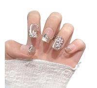 YsRoad Press On Nails - Short,Almond Fake,Long Stiletto False Nails 3D, Square, Coffin, and French Tip Designs with Gold Flower Rhinestones, Removable Glue-On,Size M